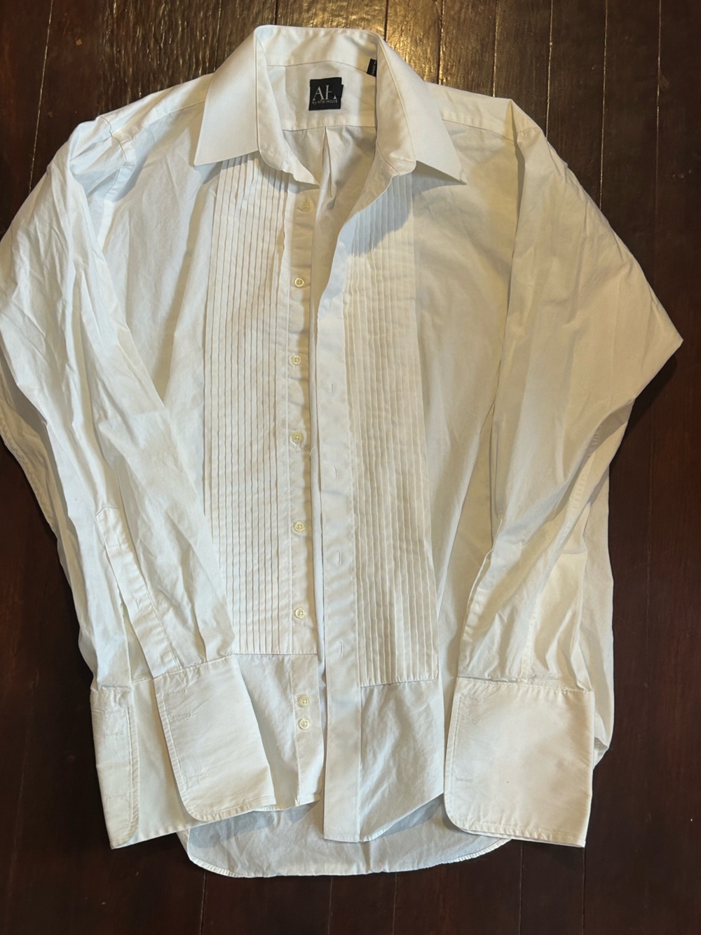 After Hours White Pleated Tuxedo Dress Shirt Spread Collar French Cuff 16.5.